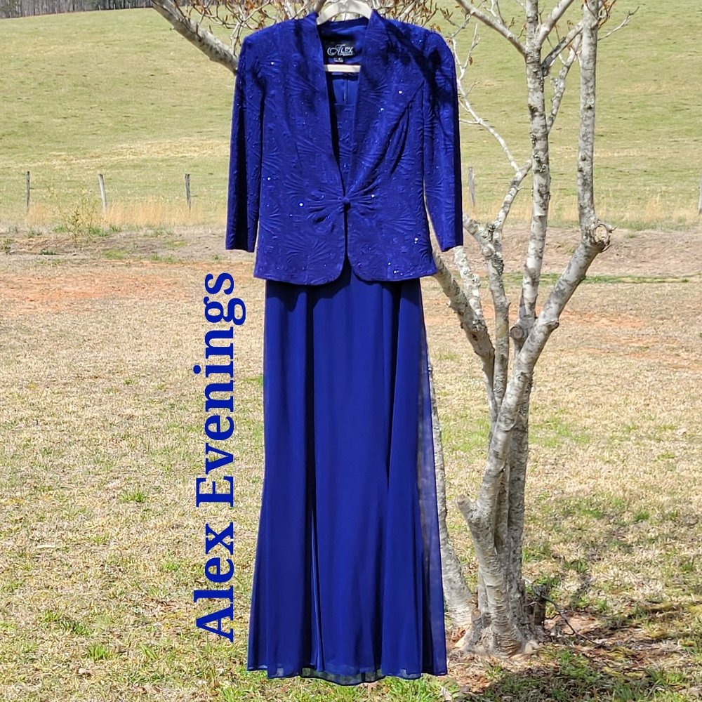 ❣️HP❣️Alex Evenings 2 pc Electric Blue long lace & sequin jacket dress size: 8 - Picture 3 of 9